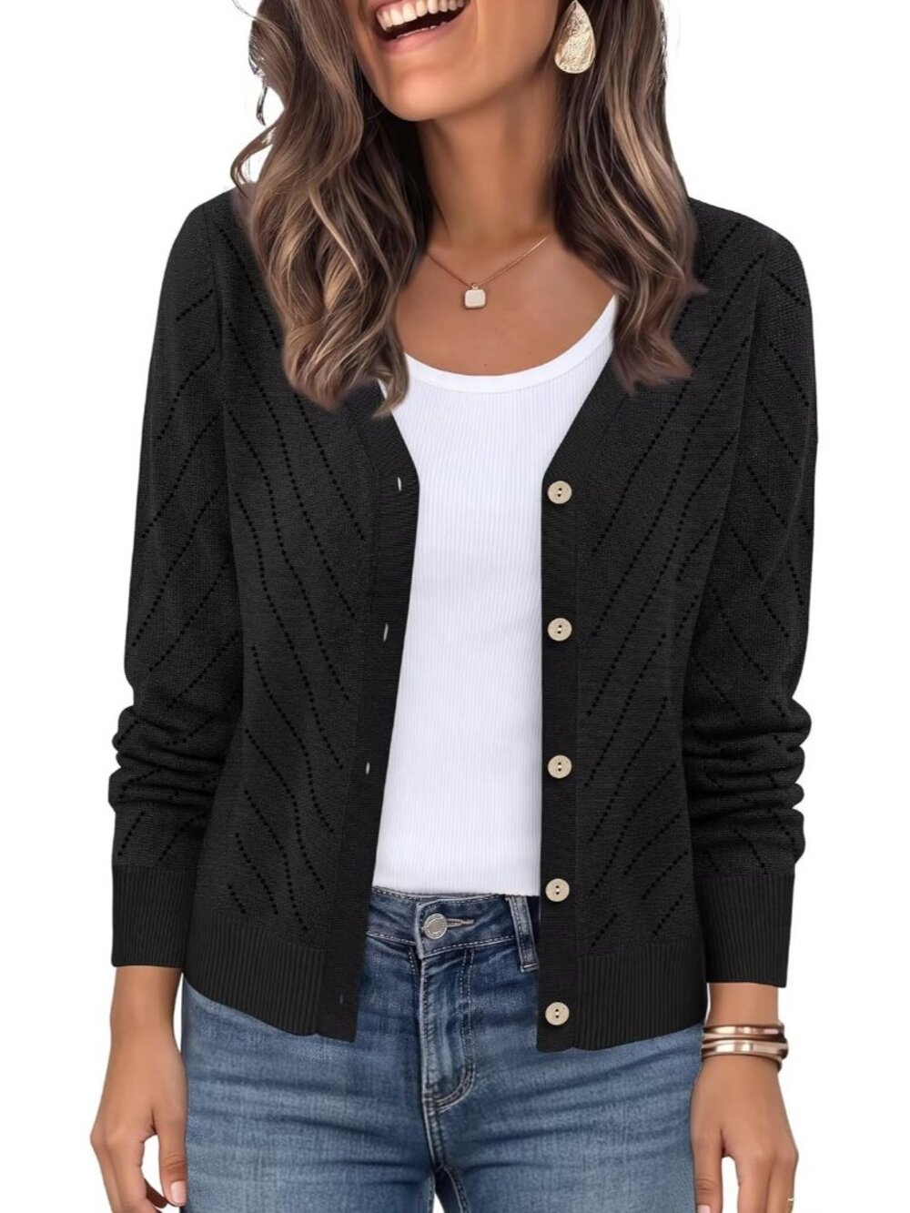 Women's Black Cardigan V Neck Button Down Long Sleeve Diagonal Knit Sweaters